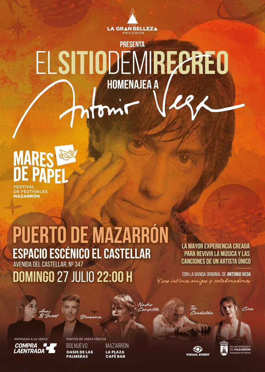 🎶 Mares de Papel 2025 presenta sus primeros nombres:

✅ Comandante Lara &amp; Cía – 25 julio
✅ Homenaje a Antonio Vega – 27 julio

🎟 Entradas a la venta en compralaentrada.com y y también en los puntos físicos Oasis de las Palmeras (Bolnuevo) y La Plaza Café Bar (Mazarrón).