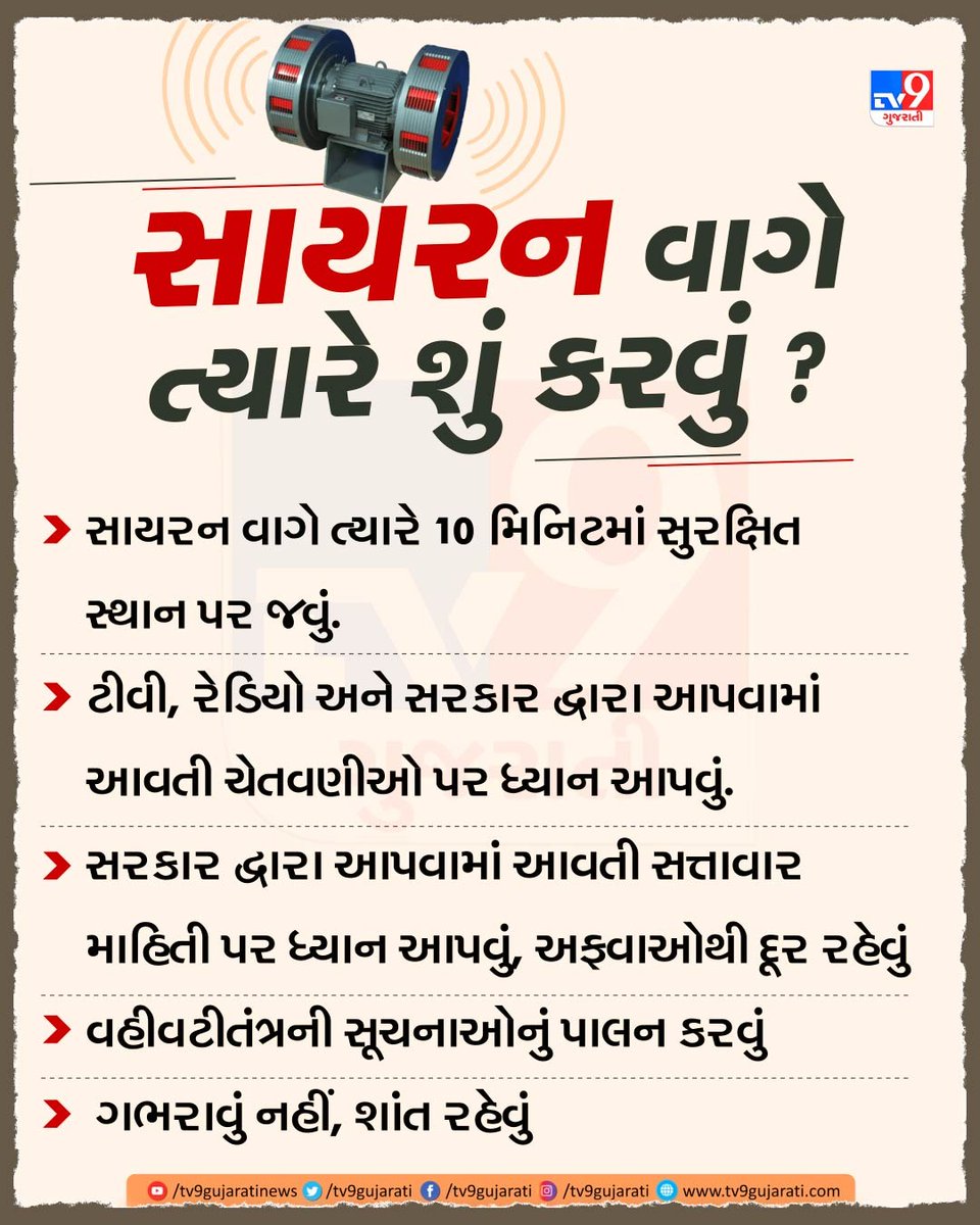 tv9gujarati's tweet photo. Gujarat Alert: Where Will Sirens Sound? Key Locations for Emergency Warnings Revealed | TV9Gujarati
#GujaratAlert #SirenWarning #EmergencyPreparedness #PoliceStations #FireStations #MilitaryAreas #PublicSafety #GujaratNews #CrowdedAreas #TV9Gujarati https://t.co/lMayNF0yNE