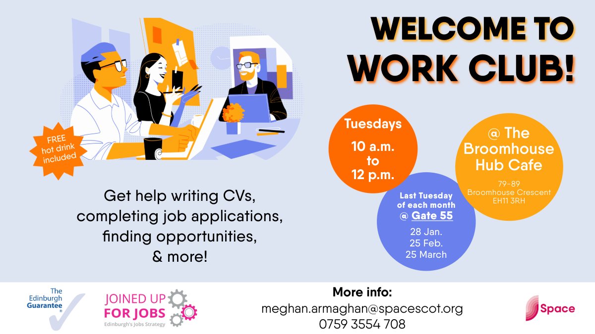 Welcome to <a href="/SpaceBroomhouse/">Space at The Broomhouse Hub</a>'s #WorkClub! 💼

Parents are invited to drop in every Tuesday from 10 a.m.-12 p.m. for support finding work opportunities (&amp; cheeky wee breakfast from the cafe).

On the last Tuesday of each month, find the group at Gate 55.

#work #JobHunt #JobSearch