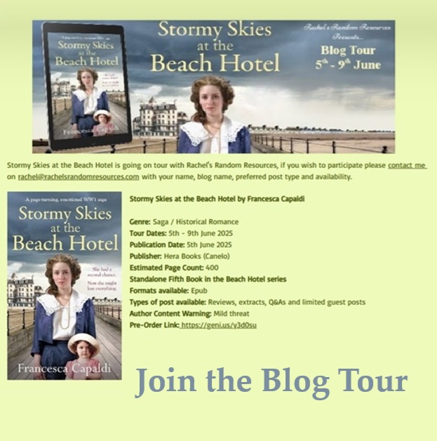 Francesca Capaldi Burgess Author (@fcapaldiburgess) on Twitter photo #BookBloggers: The BLOG TOUR for Stormy Skies at the Beach Hotel runs from 5- 9 June, organised by
<a href="/rararesources/">Rach RandomResources</a>
If you'd like to take part, go to rachelsrandomresources.com/blog-tours/sto…
#HistoricalFiction #Bloggers #HistoricalRomance #WW1 #blogger #RomanceNovels #saga #HistFicMay #BookBloggers: The BLOG TOUR for Stormy Skies at the Beach Hotel runs from 5- 9 June, organised by
<a href="/rararesources/">Rach RandomResources</a>
If you'd like to take part, go to rachelsrandomresources.com/blog-tours/sto…
#HistoricalFiction #Bloggers #HistoricalRomance #WW1 #blogger #RomanceNovels #saga #HistFicMay