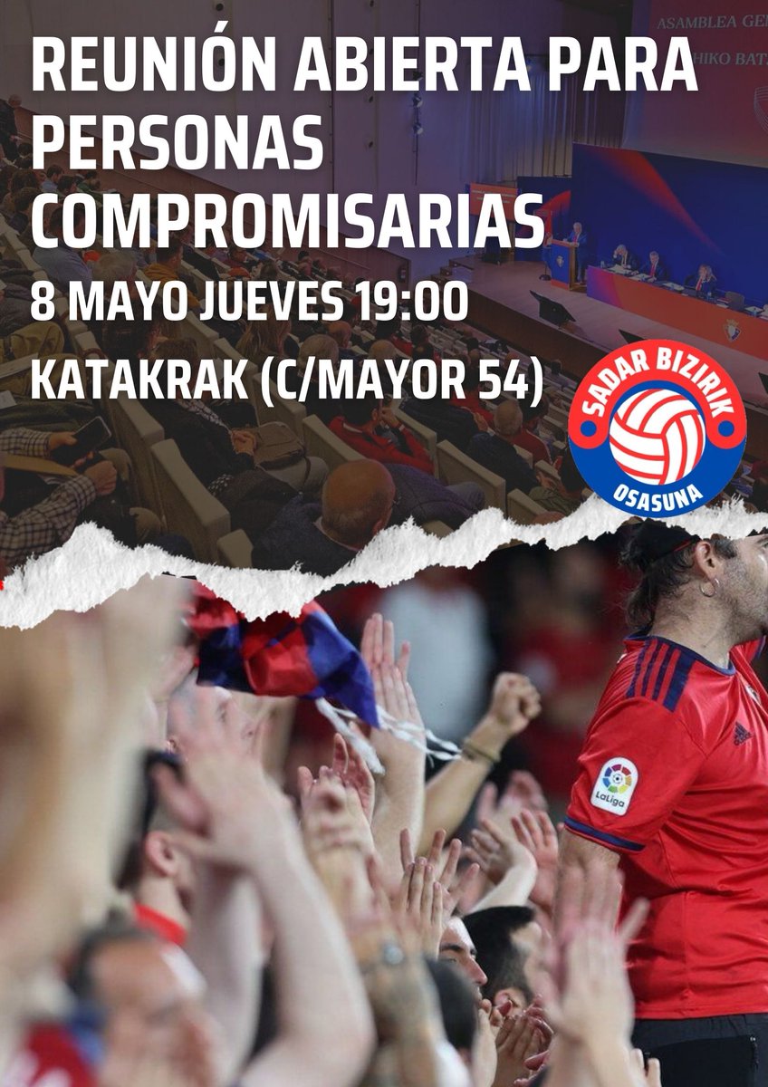 Este Jueves, a las 19:00 en Katakrak, nos juntaremos para hablar sobre Osasuna, su Asamblea Compromisaria, sus funciones, propuestas, dudas...las puertas abiertas para el osasunismo popular.