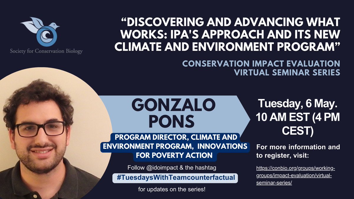 Happening today! 6 May 2025 10 AM ET / 4 PM CET: Gonzalo Pons, Program Director for Innovations for Poverty Action (IPA) on "Discovering and Advancing What Works: IPA's Approach and its new Climate and Environment Program" Last seminar until Sept! Join for some exciting updates👀