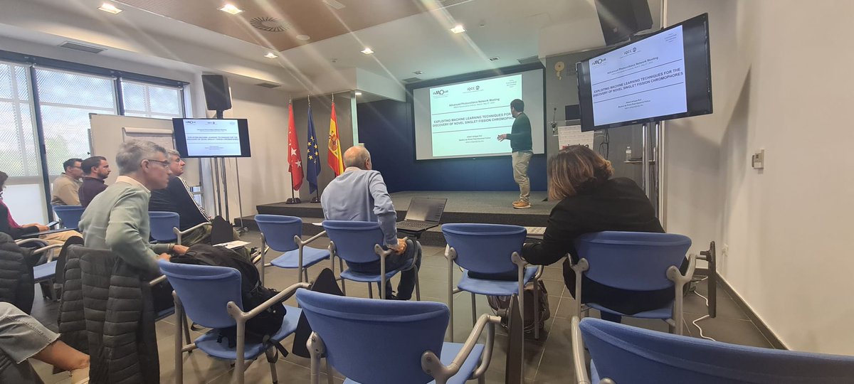 DiMoCaT_IQCC (@dimocat_iqcc) on Twitter photo Excellent talk by <a href="/alarru/">⌬ Albert ⌬</a> on the use of ML approaches to design singlet fission chromophores in the Advanced Photovoltaics Network final meeting taking place in <a href="/IMDEA_Nano/">IMDEA Nanociencia 🔬</a>. Excellent talk by <a href="/alarru/">⌬ Albert ⌬</a> on the use of ML approaches to design singlet fission chromophores in the Advanced Photovoltaics Network final meeting taking place in <a href="/IMDEA_Nano/">IMDEA Nanociencia 🔬</a>.