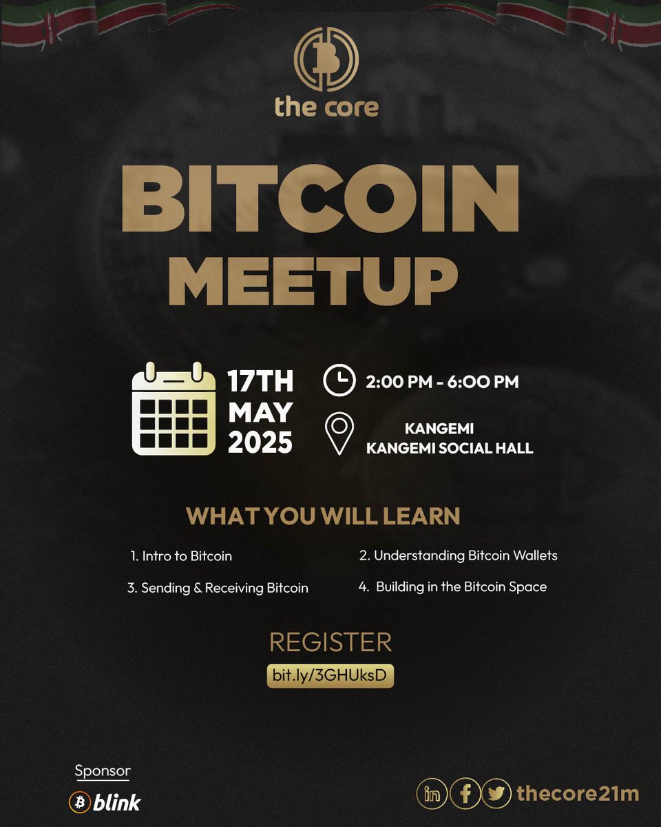 📣 BITCOIN MEETUP 003 

Bringing Bitcoin closer to you! 

We’re excited to announce our next monthly Bitcoin Meetup will happen on 17th May in Kangemi! 

Are you curious about Bitcoin? 
Join us for an in-person session where you’ll learn:   

✅Bitcoin Basics 
✅Bitcoin Wallets