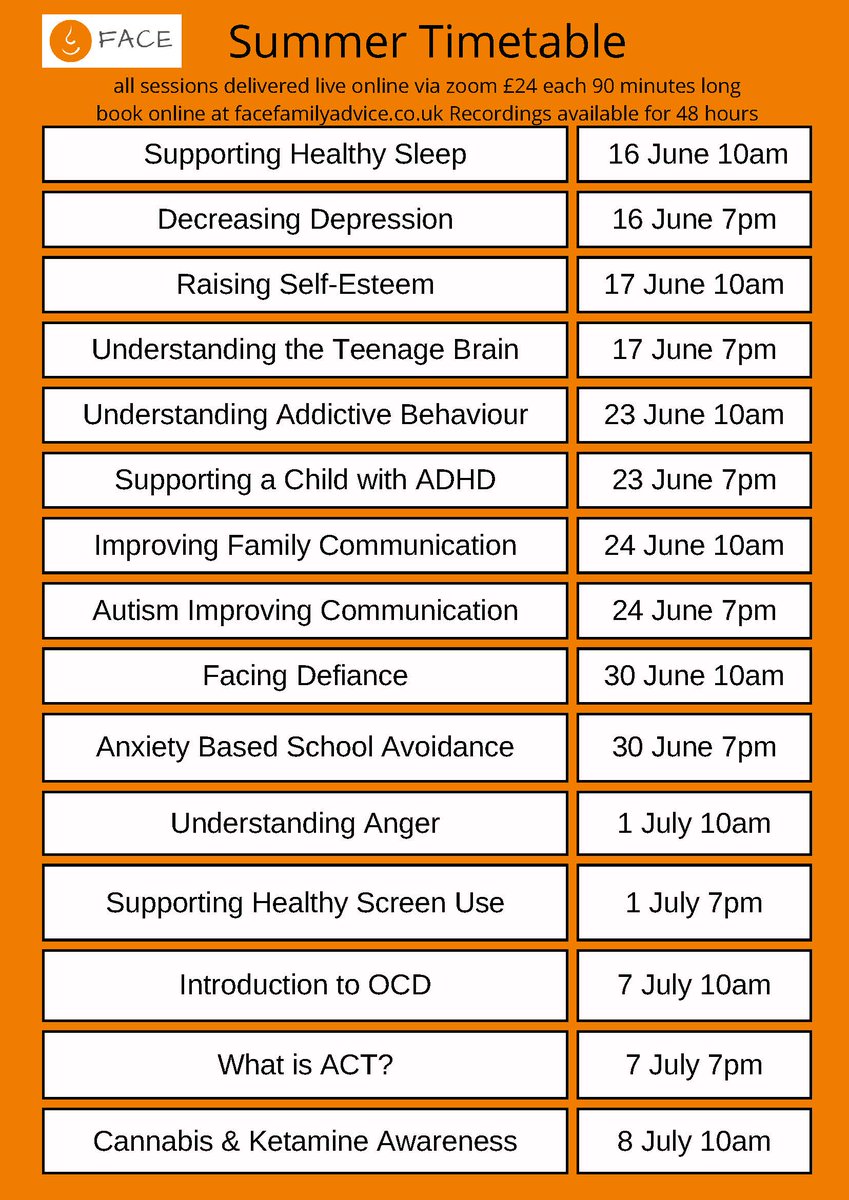 Twynham Primary School parents now have access to all FACE training sessions, free of charge.
There are 16 regular talks, which are on a four-weekly rotation, and can be accessed here. The current timetable can be found below.
Please see email dated 30th April for full details