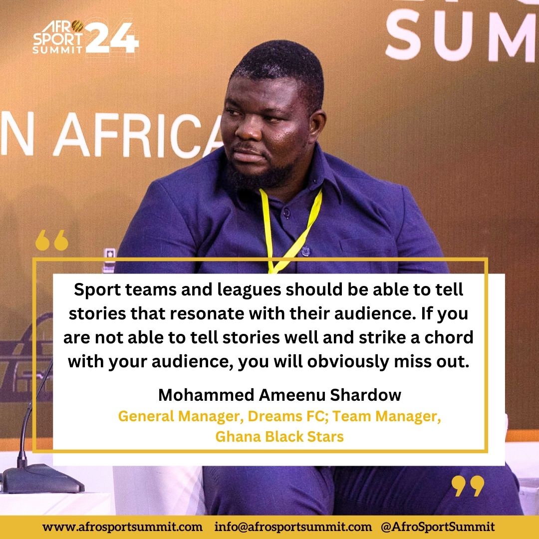 Great fan engagement is built on storytelling. 

Ameenu Shardow (General Manager, Dreams FC; Team Manager, Ghana Black Stars) emphasises the importance of storytelling in building lasting connections with fans.

#AfroSportSummit #sports #media #fans