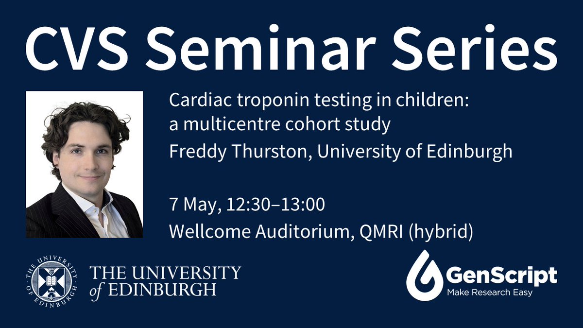 EdinUniCVS (@edinunicvs) on Twitter photo Join us for this week’s CVS Seminar, where Freddy Thurston will discuss a multicentre cohort study of cardiac troponin testing in children
🗓️ 7 May, 12:30–13:00
📍 Wellcome Auditorium, QMRI <a href="/EdinburghBQ/">Edinburgh BioQuarter</a>
Join on Teams ➡️ edin.ac/4iLwRUF Join us for this week’s CVS Seminar, where Freddy Thurston will discuss a multicentre cohort study of cardiac troponin testing in children
🗓️ 7 May, 12:30–13:00
📍 Wellcome Auditorium, QMRI <a href="/EdinburghBQ/">Edinburgh BioQuarter</a>
Join on Teams ➡️ edin.ac/4iLwRUF