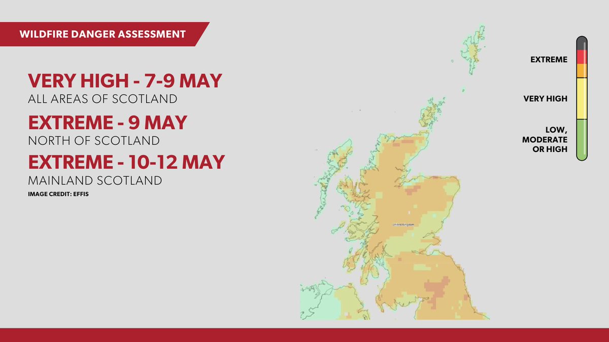 ⚠️ A VERY HIGH to EXTREME risk of wildfire is in place across areas of Scotland from tomorrow until Monday, 12 May.

We urge you to avoid using any items involving a naked flame to help reduce the risk of wildfires.

For more information 👉 ow.ly/OUau50VNWmo