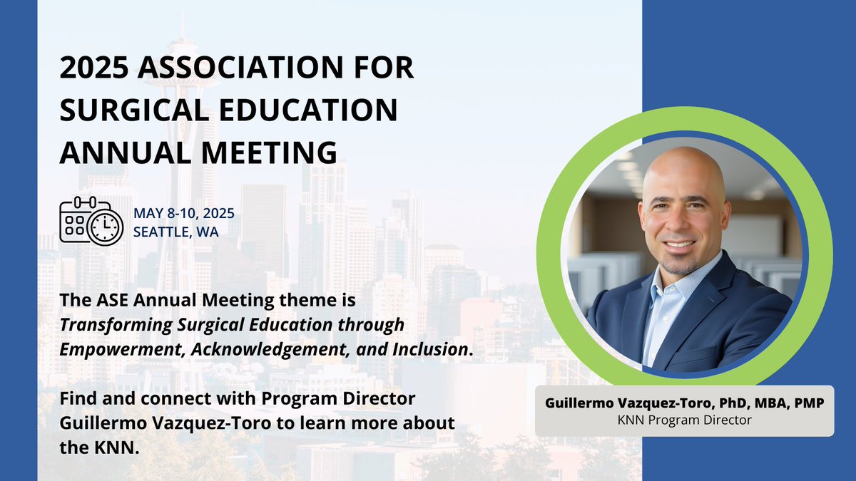 Kern Nat'l Network for Flourishing in Medicine (@kernnetwork) on Twitter photo The KNN will be exhibiting at <a href="/Surg_Education/">Association for Surgical Education</a>'s Annual Meeting this week in Seattle!
Find and connect with Program Director Guillermo Vazquez-Toro, PhD, MBA, PMP, to learn more about our mission to advance flourishing in medicine. The KNN will be exhibiting at <a href="/Surg_Education/">Association for Surgical Education</a>'s Annual Meeting this week in Seattle!
Find and connect with Program Director Guillermo Vazquez-Toro, PhD, MBA, PMP, to learn more about our mission to advance flourishing in medicine.