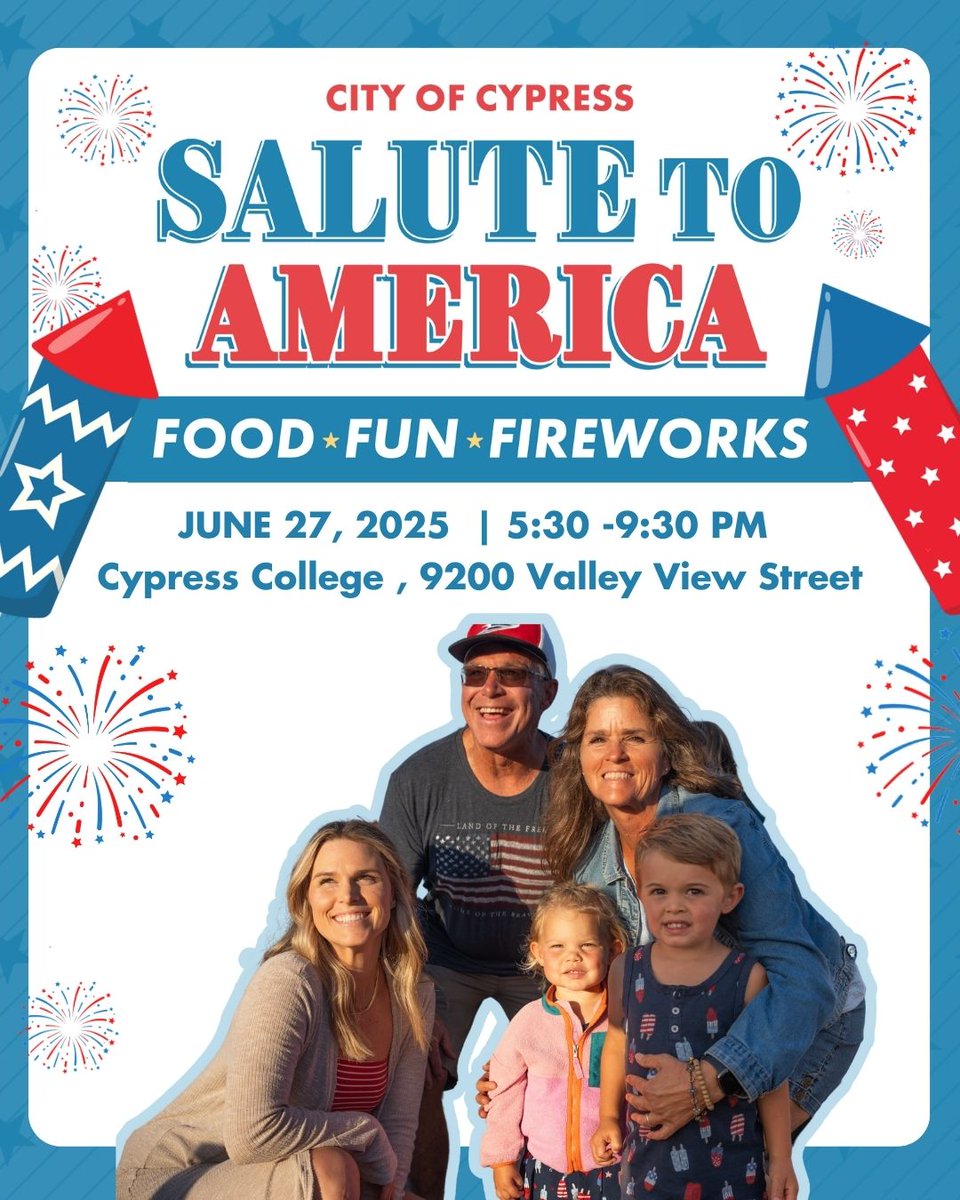 Mark your calendars to celebrate America's birthday with us at Salute to America 🇺🇸 on Friday, June 27 at Cypress College! 

Enjoy an unforgettable evening with live music, delicious food, and a spectacular fireworks show! 🎉 cypressca.org/salute