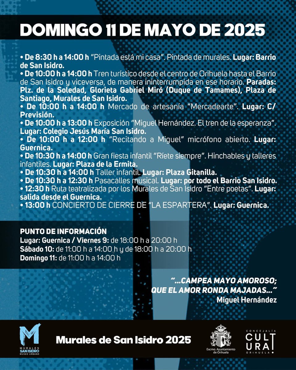 ▶️Cultura celebra la XI Edición de los Murales de San Isidro del 9 al 11 de mayo

#Orihuela

Cultura Orihuela

orihuela.es/cultura-celebr…