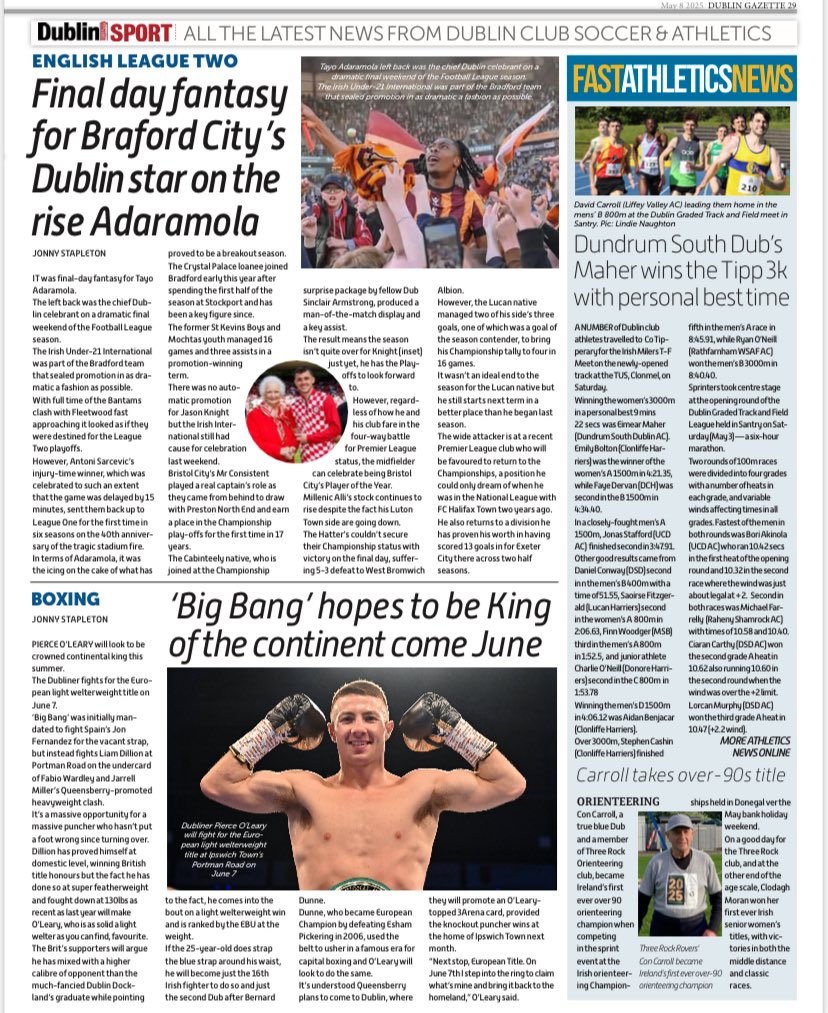 Aaron Dunne (@aaronmcfc1) on Twitter photo In this week 's <a href="/DublinGazette/">Dublin Gazette Newspapers</a>, <a href="/DubGAAOfficial/">Dublin GAA</a> camogie captain Aisling Maher lashes out at 'outdated' skort rule, LOI bosses Duff & Bradley at loggerheads again, U20 hurlers stun holders Offaly, O'Leary eyes European gold and Adarmamola shines as <a href="/officialbantams/">Bradford City AFC (P)</a> win promotion In this week 's <a href="/DublinGazette/">Dublin Gazette Newspapers</a>, <a href="/DubGAAOfficial/">Dublin GAA</a> camogie captain Aisling Maher lashes out at 'outdated' skort rule, LOI bosses Duff & Bradley at loggerheads again, U20 hurlers stun holders Offaly, O'Leary eyes European gold and Adarmamola shines as <a href="/officialbantams/">Bradford City AFC (P)</a> win promotion