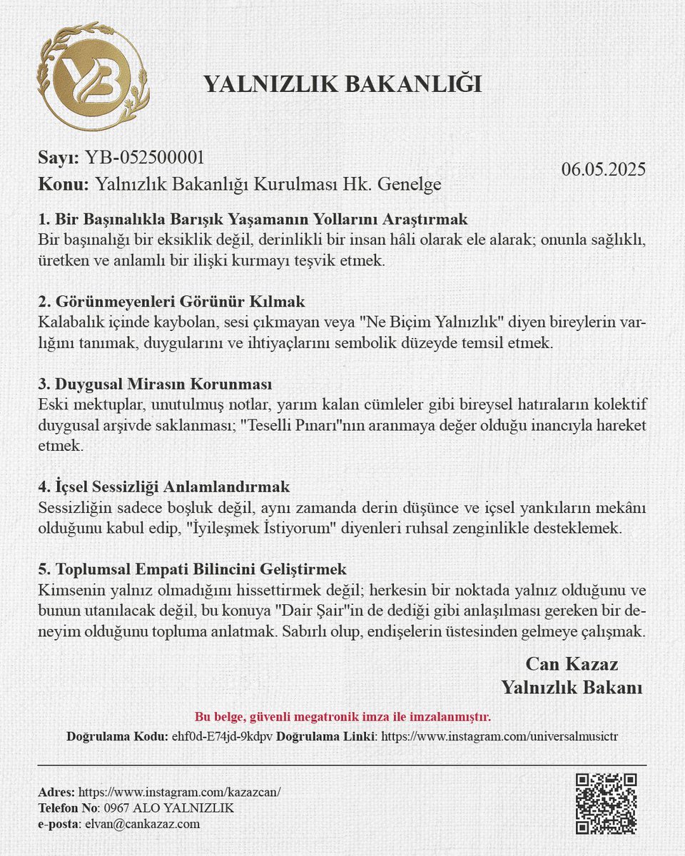 YALNIZLIK BAKANLIĞI KURULMASI HAKKINDA GENELGE