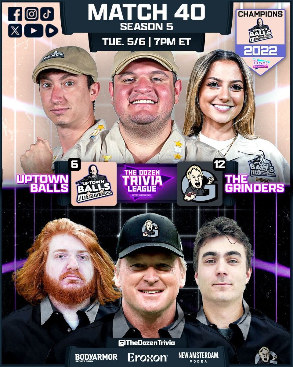 The Dozen Trivia (@thedozentrivia) on Twitter photo 🚨 TONIGHT 🚨
Glenny & his UPTOWN BALLS (<a href="/Glenny_balls/">Glenny Balls</a> <a href="/TomScibelli/">Tommy Smokes</a> <a href="/hannahcmontoya/">hannah montoya</a>) take on Gruden & THE GRINDERS (<a href="/BarstoolGruden/">Jon Gruden</a> <a href="/Blutman27/">Liam Blutman</a> <a href="/jakemalasek/">Jake Malasek</a>) at 7|6c… Predictions?
Watch Here: barstool.link/the-dozen 🚨 TONIGHT 🚨
Glenny & his UPTOWN BALLS (<a href="/Glenny_balls/">Glenny Balls</a> <a href="/TomScibelli/">Tommy Smokes</a> <a href="/hannahcmontoya/">hannah montoya</a>) take on Gruden & THE GRINDERS (<a href="/BarstoolGruden/">Jon Gruden</a> <a href="/Blutman27/">Liam Blutman</a> <a href="/jakemalasek/">Jake Malasek</a>) at 7|6c… Predictions?
Watch Here: barstool.link/the-dozen