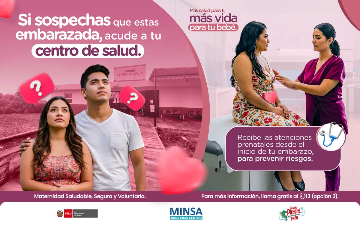 🤔💭 ¿Sospechas que estás embarazada?
¡No lo pienses más y acude a tu 🏥 centro de salud más cercano!

👩‍⚕️💬 Recibe las atenciones prenatales 🍼 desde el inicio de tu embarazo para prevenir riesgos y cuidar tu salud y la de tu bebé 👶❤️.

Maternidad Saludable, Segura y Voluntaria