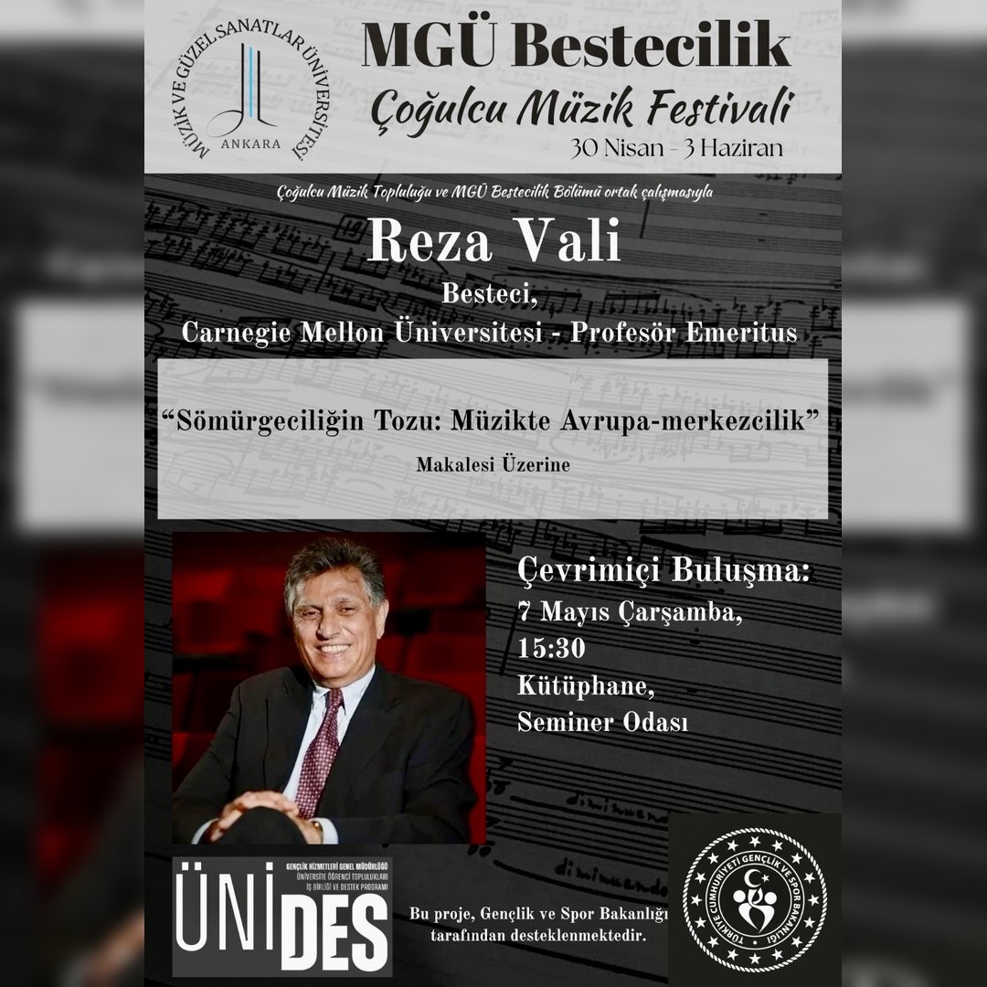 Uluslararası bir festivale imza atıyoruz. Çoğulcu Müzik Festivali. Mgü Çoğulcu Müzik Topluluğu, Mgü Bestecilik, Mgü Yeni Müzik Topluluğu, Ünides ve Mgü Sks ortak çalışması. Nadia Boulanger’in öğrencisinden, hala Hatay’daki konteyner kentte yaşayan usta zurnacı ve kemancıya,