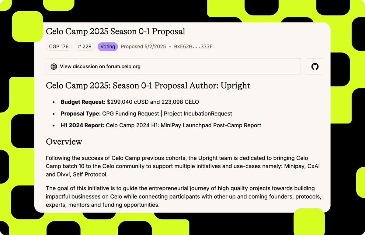 🚨 Attention Celo Holders 🚨

Celo Camp 2025: Season 0-1 Proposal is live!

<a href="/uprightventures/">Upright</a> is bringing Celo Camp Batch 10 to support multiple initiatives including Divvi, driving real adoption on <a href="/Celo/">Celo.eth/acc 🦇 🌳</a>.

Cast your vote and help shape the future of Celo.