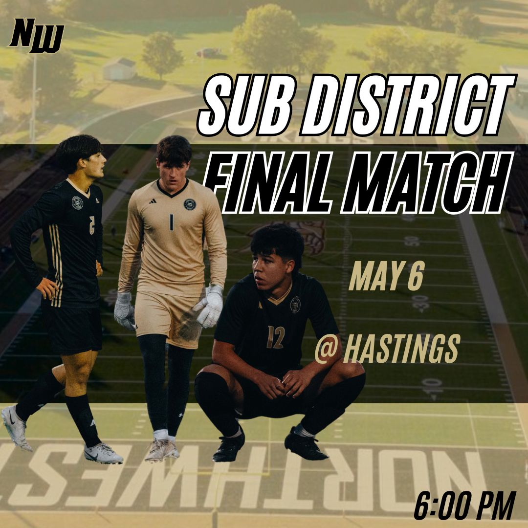 The Boys Soccer Team competes in the Sub-District Finals! First kick is set for 6:00 P.M @ Hastings. 

#ginwvikings