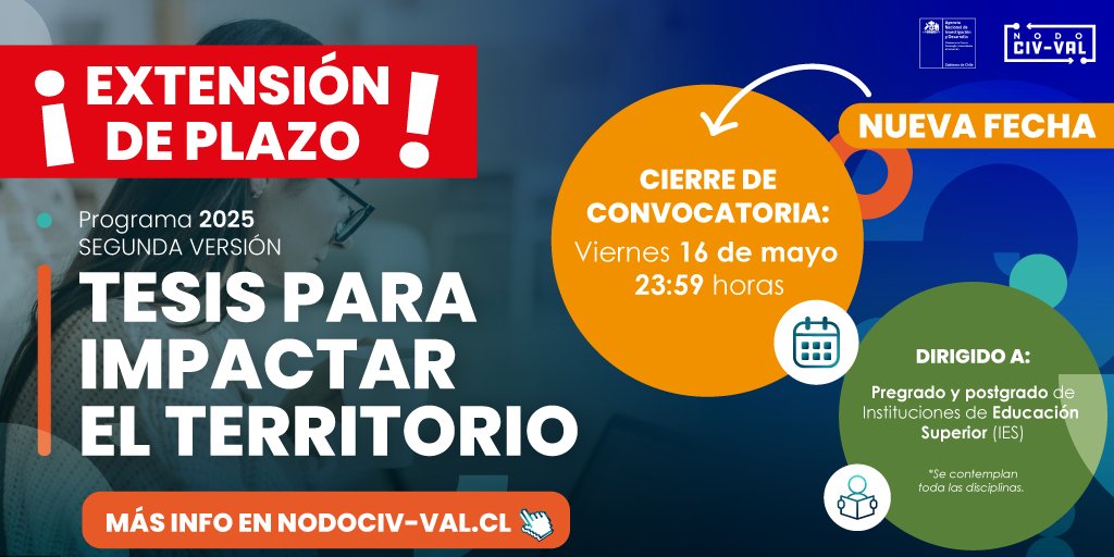 ¡Extendimos el plazo de postulación 📣! 
📌 Tienes hasta el viernes 16 de mayo para postular a la versión 2025 del Programa Tesis para Impactar el Territorio. Bases del concurso en nodociv-val.cl/2025/05/05/ext… #Alimentos #Biodiversidad #RecursosHídricos #RemediaciónDeSuelos