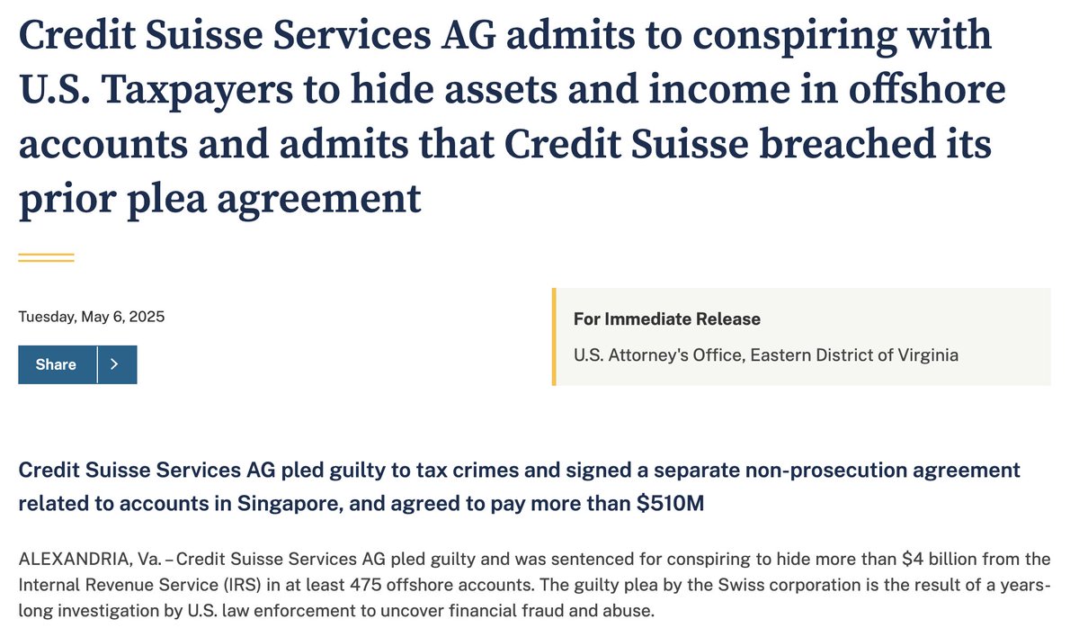 coffeebreak_YT's tweet photo. Not only did Credit Suisse hide billions in assets for the ultra-wealthy to dodge taxes...

THEY ALREADY GOT PUNISHED FOR THIS IN A PRIOR PLEA AGREEMENT. 

How do you expect a company, which already got in trouble once, got caught again, to stop now? https://t.co/jh9DKbqGoC