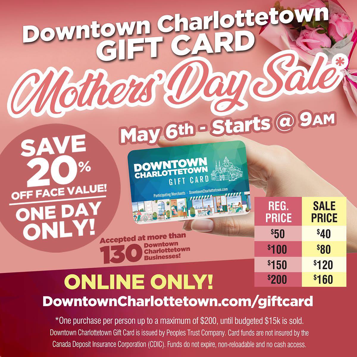 🚨Our Downtown Charlottetown Gift Card Mother's Day Sale is now. . . only a few left. Get your gift for Mom today, while supplies last!🚨 downtowncharlottetown.com/giftcard