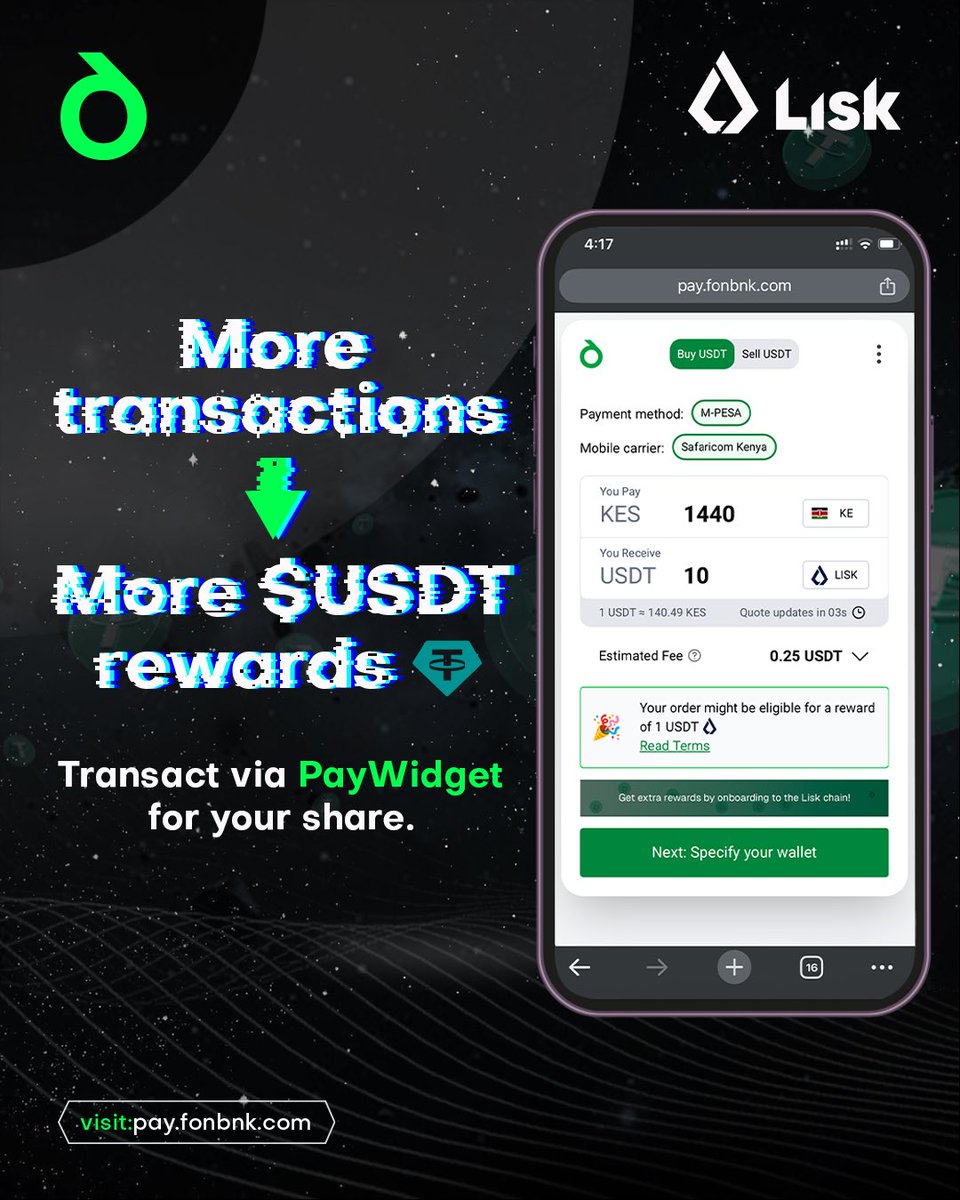 More transactions 🔄 via PayWidget equals more $USDT rewards 🎁 for you.

Every minimum transaction of $10 💵 made on <a href="/LiskHQ/">Lisk</a> via PayWidget: pay.fonbnk.com gets you more $USDT. 🚀

#BuildwithFonbnk #Lisk