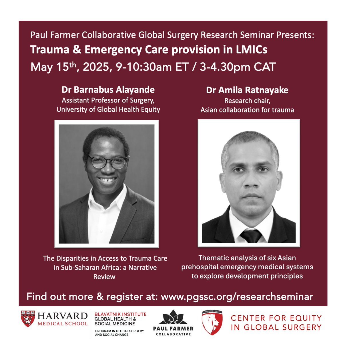 Amila Ratnayake (@amilaratnayake) on Twitter photo Join me and Dr Barnabas Alayande from <a href="/ughe_org/">University of Global Health Equity</a> discuss the need and gap in emergency, critical and operative care #ECO in LMIC at The Program in Global Surgery and Social Change - The <a href="/HarvardPGSSC/">Harvard Global Surgery</a> Harvard Medical School global surgery research seminar series on 15th May Join me and Dr Barnabas Alayande from <a href="/ughe_org/">University of Global Health Equity</a> discuss the need and gap in emergency, critical and operative care #ECO in LMIC at The Program in Global Surgery and Social Change - The <a href="/HarvardPGSSC/">Harvard Global Surgery</a> Harvard Medical School global surgery research seminar series on 15th May