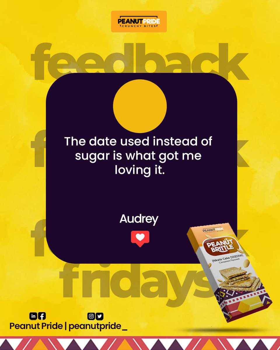 📷 Feedback Friday!
Do you want a healthy option like Audrey?  📷
Place your order for our fortified crunchy brittles.
#PeanutPride #healthyliving #CrunchyBites