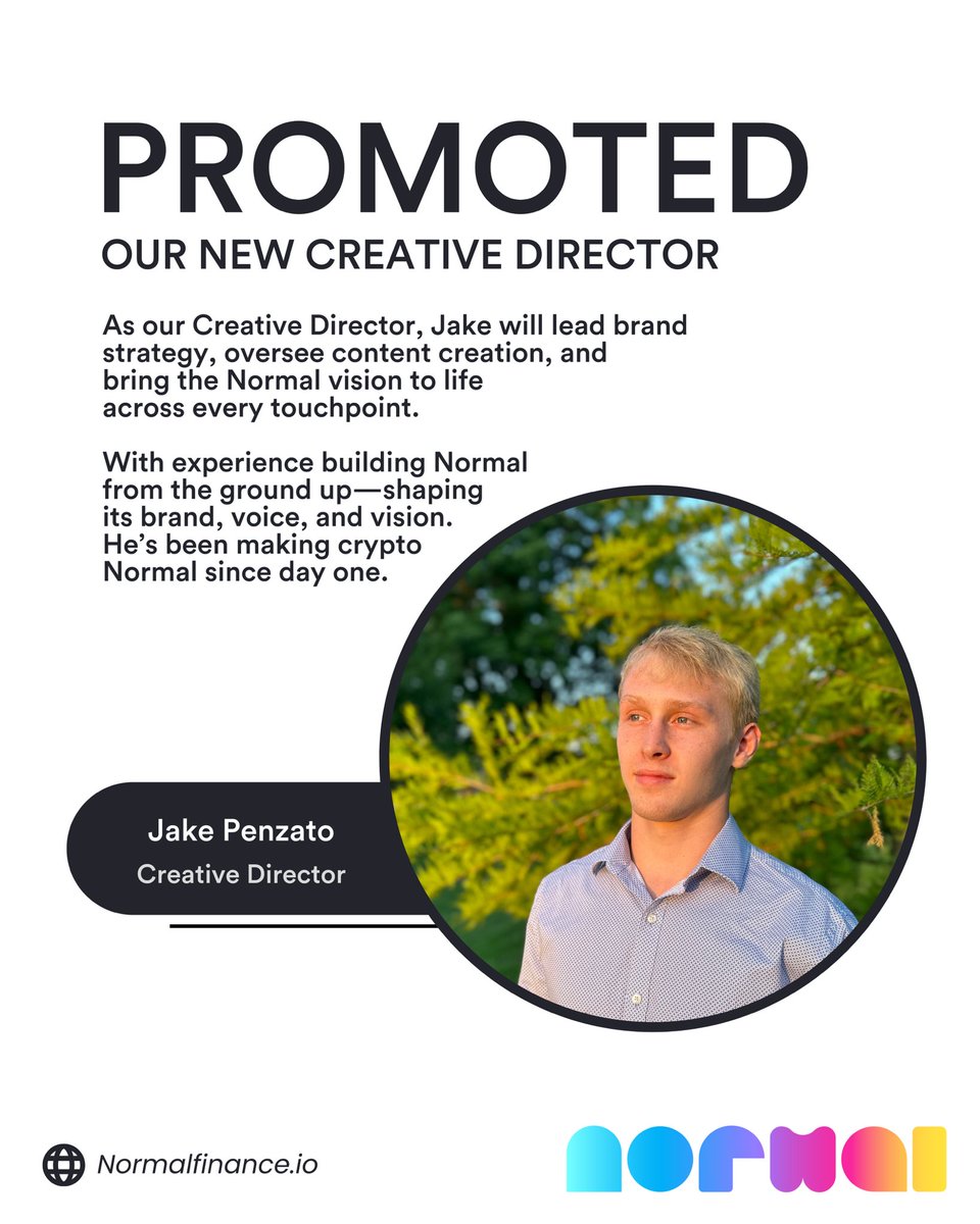 normalfi's tweet photo. Please welcome @JakePenzato as Normalโs new Creative Director!
Jakeโs been behind the brand since the beginningโnow heโs leading the creative vision full-time. From strategy to storytelling, heโs shaping how the world sees Normal.
Letโs build something different. https://t.co/DkI53M8PAE