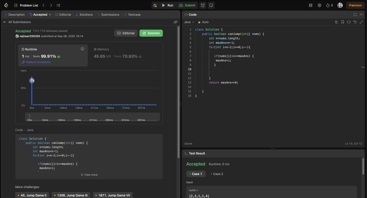 ITSRT12's tweet image. Day 24:
โข Solved Problem #1340 (Frog 2) & Problem #55 (Jump Game)
โข Used the Greedy approach in both
๐ In Frog 2, picked alternate jumps to minimize max jump cost
๐ In Jump Game, reversed loop to track reachable goal
Progress feels great!
#LeetCode #GreedyAlgorithm #Coding