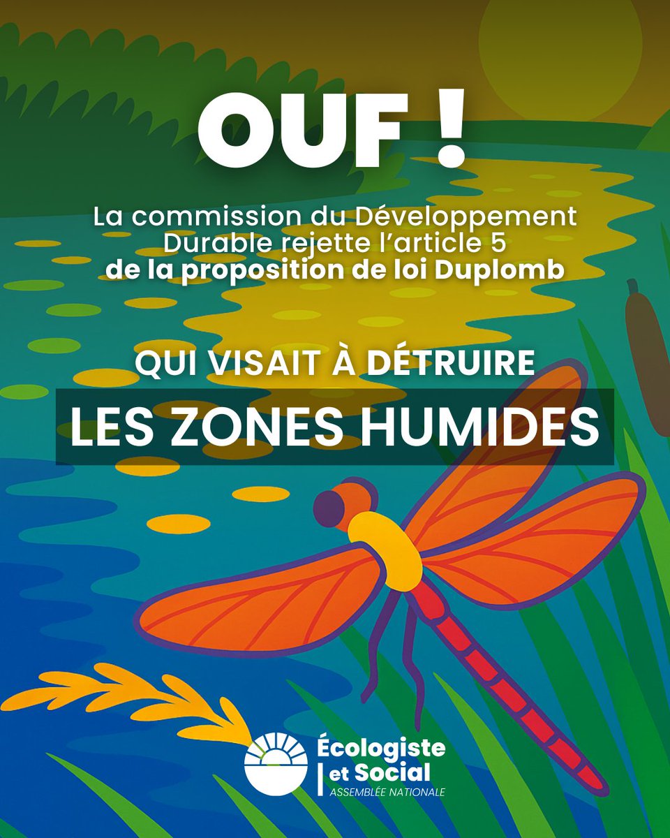 😅 OUF ! L’article 5 de la #LoiDuplomb est supprimé en Commission !

Il visait à faciliter la création de mégabassines, à détruire les zones humides, avec des conséquences graves pour la biodiversité, l'eau potable, &amp; pour la sécurité face aux inondations &amp; aux sécheresses.