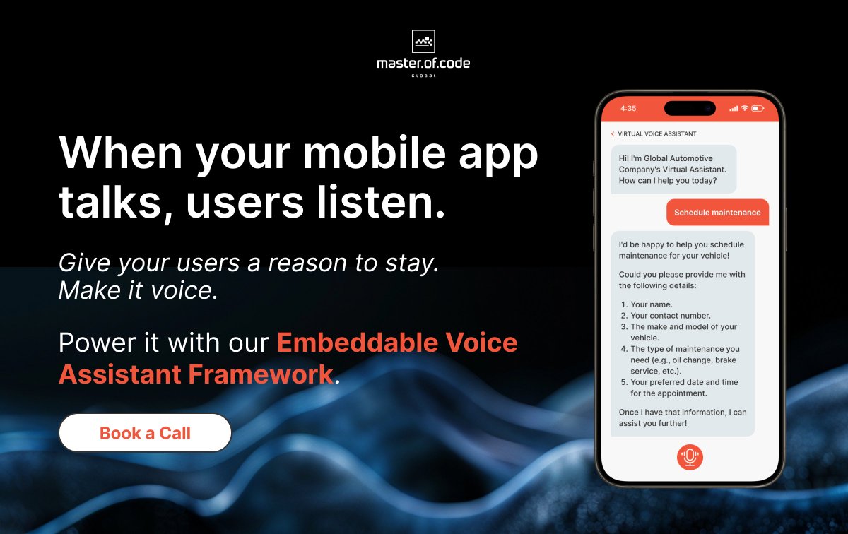 Is your app built for how users behave or how they used to?
Voice-first design is the new standard, and friction-heavy UIs feel old.
We use our own framework to integrate voice assistants into iOS &amp; Android apps quickly. Message us to see how it works: masterofcode.com/portfolio/inte…