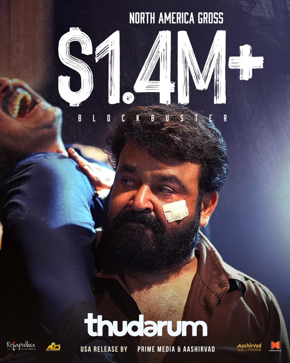 PrimeMedia (@primemediaus) on Twitter photo #Thudarum continues it’s fantastic run in North America 🔥❤️👏👏
With hourly gross at 9am pst crossed $1.4M
Week 3 in 40 locs inclusive of 4 new locs in ID, SC, Fresno & Augusta
#Mohanlal𓃵 & <a href="/aashirvadcine/">Aashirvad Cinemas</a> setting their own path in NA
<a href="/AVDAmerica/">Aashirvad Hollywood</a> <a href="/AVDdxb/">Aashirvad Cinemas Dubai</a> #Thudarum continues it’s fantastic run in North America 🔥❤️👏👏
With hourly gross at 9am pst crossed $1.4M
Week 3 in 40 locs inclusive of 4 new locs in ID, SC, Fresno & Augusta
#Mohanlal𓃵 & <a href="/aashirvadcine/">Aashirvad Cinemas</a> setting their own path in NA
<a href="/AVDAmerica/">Aashirvad Hollywood</a> <a href="/AVDdxb/">Aashirvad Cinemas Dubai</a>