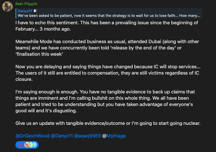 Ceazor7's tweet photo. There are some exploits that you just accept as gone in 1-2 days. Especially when they hit the tornado.

Then there are some exploits that drag on and on.

Make no mistake. $mBTC (@MerlinLayer2 ) "admins" exploited @IroncladFinance on @modenetwork 

@P3pp3rCrypt0 https://t.co/aDfunezQ8a