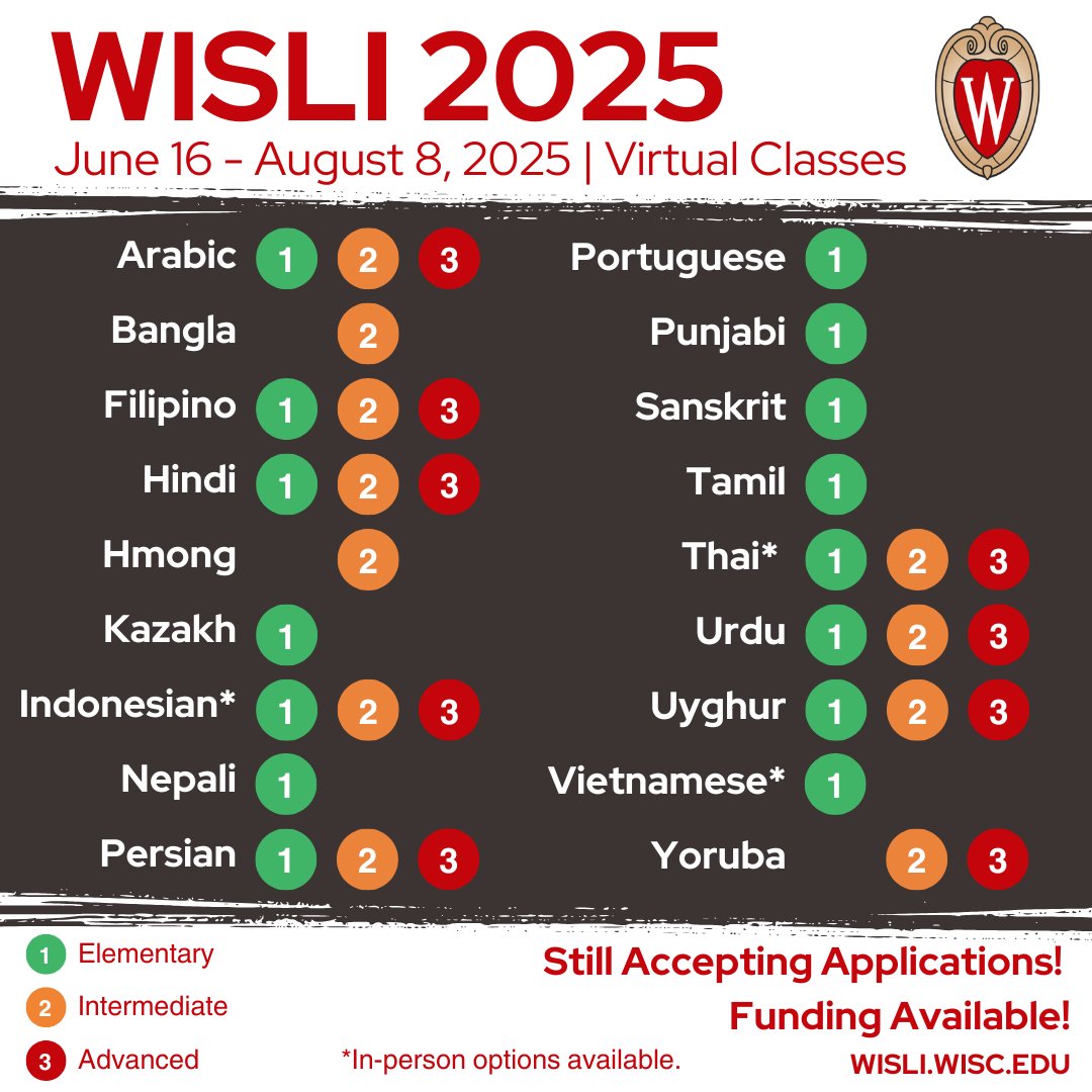 wisli_uw's tweet image. 🚆WISLI is still accepting travelers — now boarding open classes through the end of May!
⏳ Don't wait — spots are limited!
✅ Apply now 👉 go.wisc.edu/wisli-apply
#OnlineLanguageLearning #LearnLanguagesOnline #LanguageLearningJourney @SASLI_UW @SIPI_UWMadison @medli_uw @UWCESSI