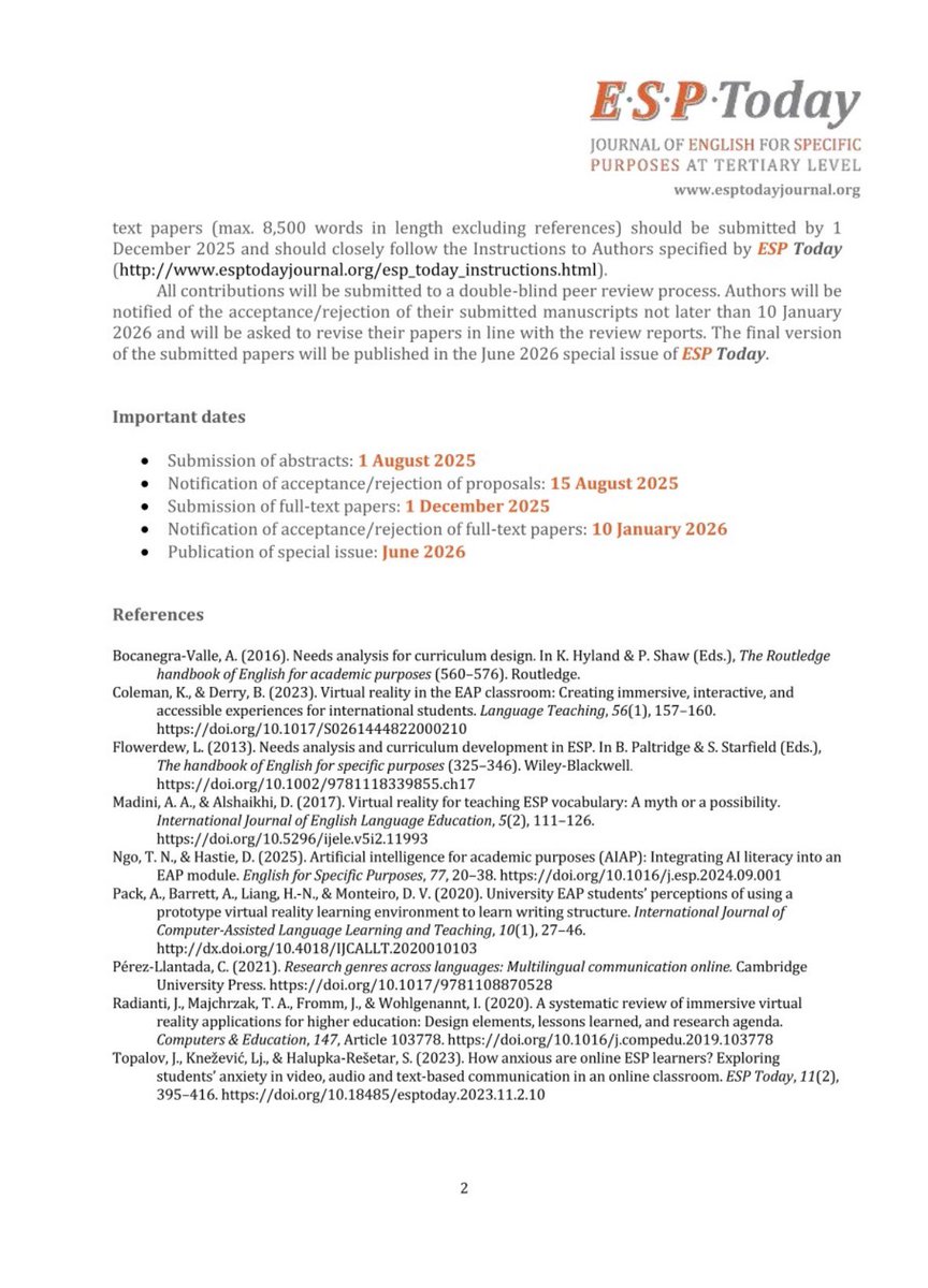 ✅NEW CFP ALERT‼️
PLEASE SHARE!
A #cfp for a Special Issue of #ESPToday. Journal of English for Specific Purposes at Tertiary Level ⬇️:

“#Extended Reality in #English for #Specific Purposes #Teaching and #Learning in #Tertiary Education”