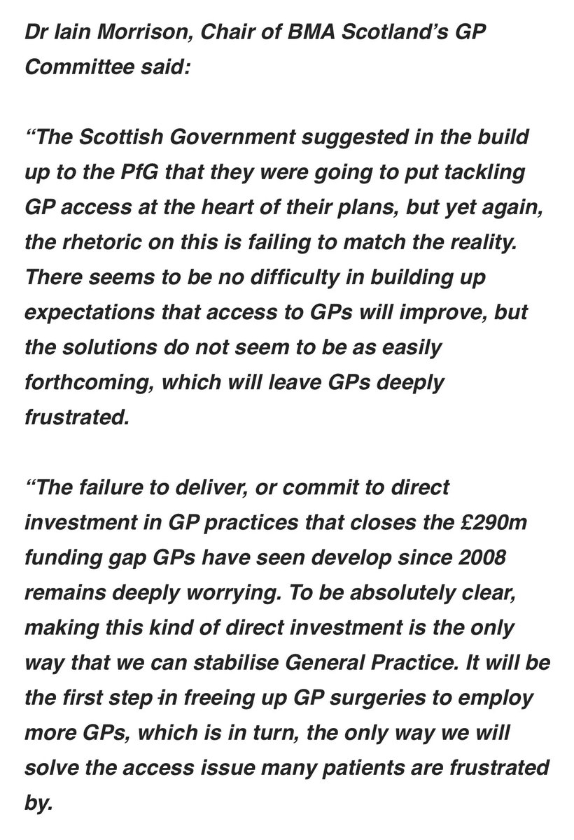 Ewan Petrie (@stvewan) on Twitter photo Pretty furious response from <a href="/BMAScotland/">BMA Scotland</a> to the Scottish Government’s plans to create an extra 100k appointments. They expected more investment in practices. Pretty furious response from <a href="/BMAScotland/">BMA Scotland</a> to the Scottish Government’s plans to create an extra 100k appointments. They expected more investment in practices.