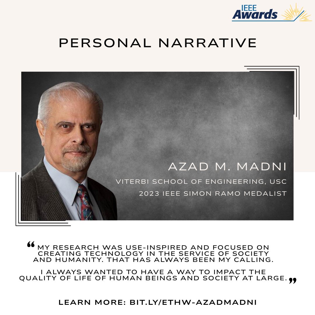 How does a #SystemsEngineer help shape the future of #AI and #education for the benefit of humanity? 2023 <a href="/IEEEorg/">IEEE</a> Simon Ramo Medalist Azad M. Madni of <a href="/USC/">USC</a> shares his inspiring journey in a powerful personal narrative. Read it now at #ETHW: bit.ly/ETHW-AzadMadni