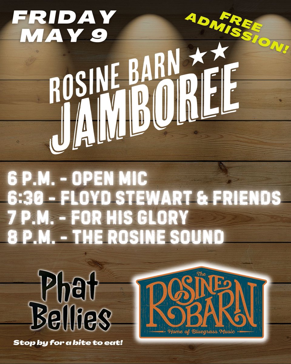We have another great night of live bluegrass music this Friday night at The Rosine Barn with For His Glory and The Rosine Sound! Also, grab a bite at Phat Bellies before the show! #rosinebarn #bluegrass #billmonroe