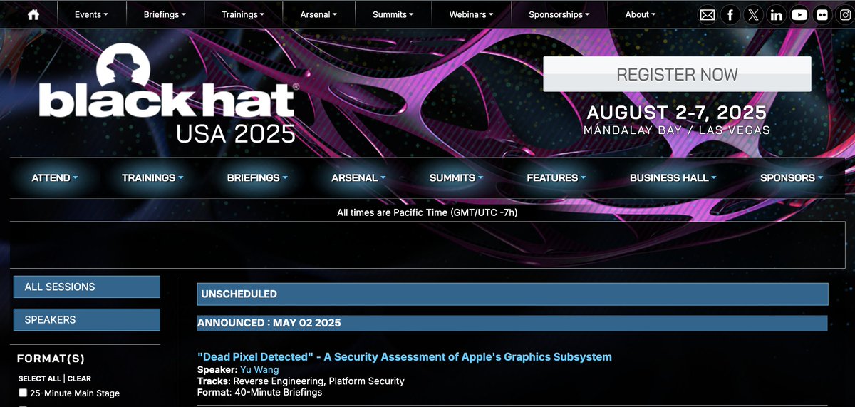My new (early announcement) #BHUSA '25 presentation: "Dead Pixel Detected" - A Security Assessment of Apple's Graphics Subsystem. 😀 <a href="/BlackHatEvents/">Black Hat</a>  blackhat.com/us-25/briefing…