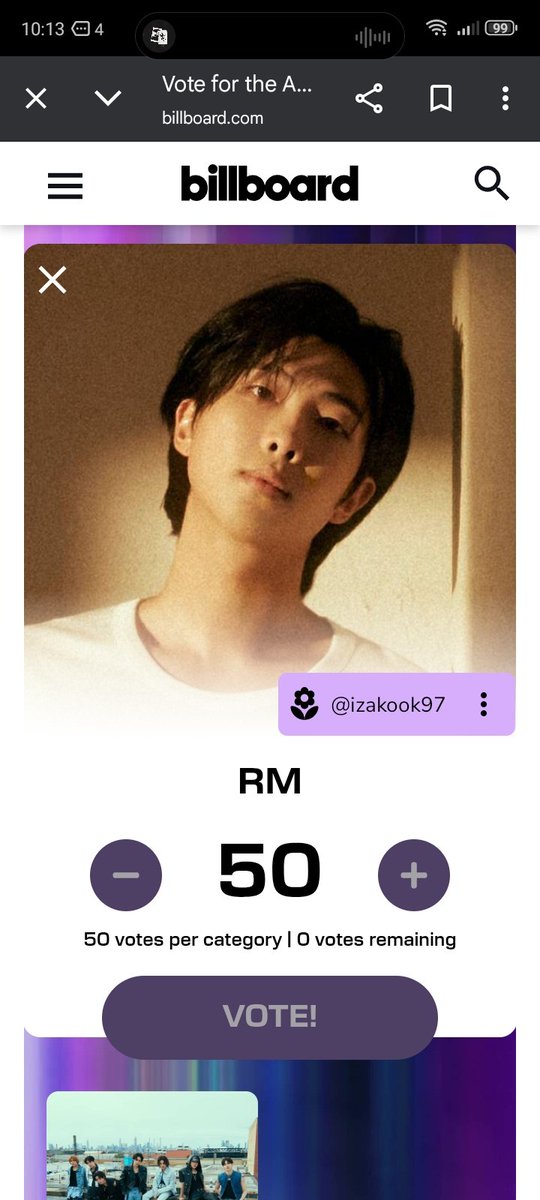 izxjk97's tweet photo. @pjmIesviu Si, desde 15 cuentas
VOTE FOR RM ON AMAS
#VoteForRMonAMAs https://t.co/PNQwAyBTo4