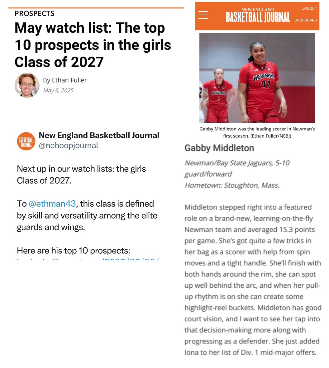 Gabby Middleton (@gabbymiddleton4) on Twitter photo Honored to be recognized by <a href="/nehoopjournal/">New England Basketball Journal</a> as a top 10 prospect. Congrats to the others recognized too. Letâs keep working and showing the world what talent New England has to offer!
<a href="/BayStateJags/">Bay State Jaguars</a>
<a href="/Newmangbball/">Newman School Girls Basketball</a> Honored to be recognized by <a href="/nehoopjournal/">New England Basketball Journal</a> as a top 10 prospect. Congrats to the others recognized too. Letâs keep working and showing the world what talent New England has to offer!
<a href="/BayStateJags/">Bay State Jaguars</a>
<a href="/Newmangbball/">Newman School Girls Basketball</a>