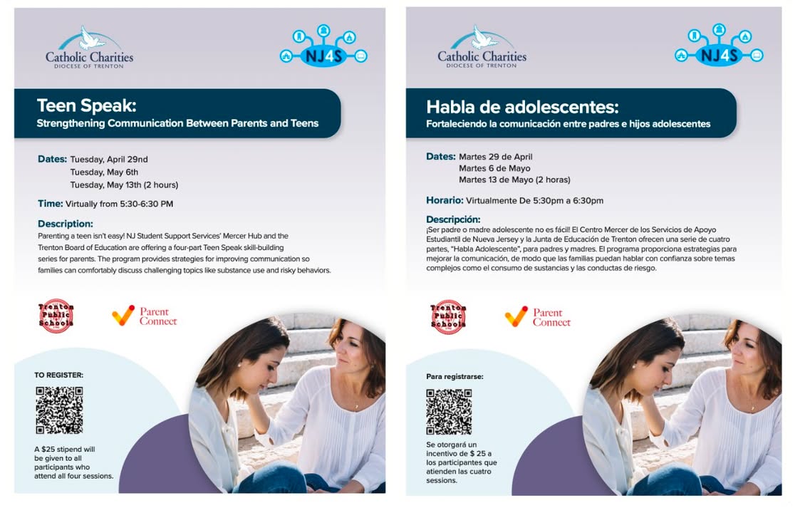 Reminder: TONIGHT!

Join us virtually at "Teen Speak:  Strengthening Communication Between Parents and Teens." (Link will be provided through registration)

Dates:
- May 6 from 5:30-6:30 p.m.
- May 13 from 5:30-7:30 p.m.
TO REGISTER: bit.ly/4cTYg5k