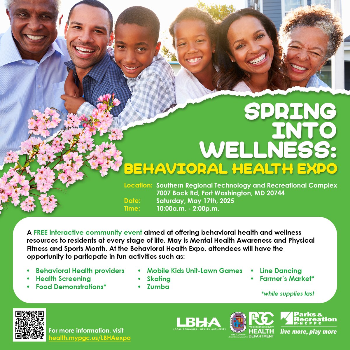 Discover mental health resources, connect with the community, &amp; take charge of your well-being at the Spring Into Wellness: Behavioral Health Expo! Sat, 5/17, 10 am - 2 pm at the Southern Regional Tech &amp; Rec Complex. Register &amp; more info: health.mypgc.us/LBHAexpo. #LBHAexpo