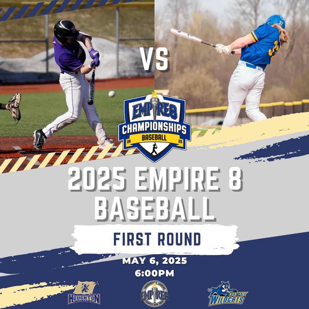 Empire 8 (@empire8) on Twitter photo The 2025 #E8 Baseball first round starts TONIGHT! No. 5 <a href="/HUHighlanders/">Houghton Athletics</a> hosts No. 6 <a href="/PolyWildcats/">SUNY Poly Wildcats</a> at 6pm. Winner gets into the double elimination tournament in <a href="/BportAthletics/">Brockport Athletics</a> on Thursday!
#E8Champs The 2025 #E8 Baseball first round starts TONIGHT! No. 5 <a href="/HUHighlanders/">Houghton Athletics</a> hosts No. 6 <a href="/PolyWildcats/">SUNY Poly Wildcats</a> at 6pm. Winner gets into the double elimination tournament in <a href="/BportAthletics/">Brockport Athletics</a> on Thursday!
#E8Champs