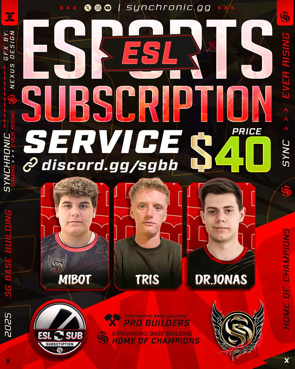 **NEW SYNCHRONIC SERVICE**

We are announcing a brand-new service for the Discord server: an esports subscription service. Here, you can access some of the best esports bases in the world, built by incredible builders who will ensure your success in esports competitions!