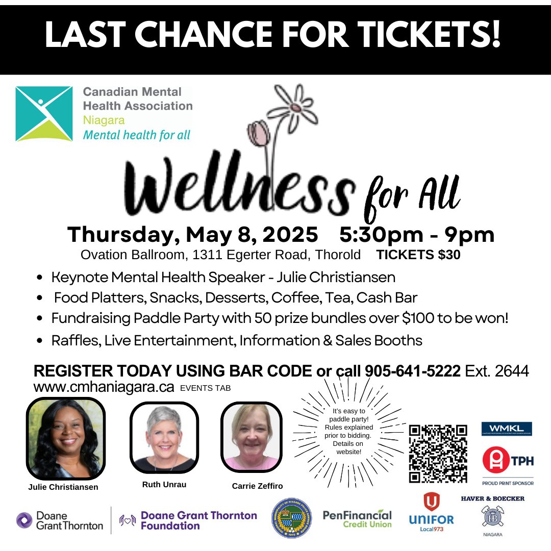 It's your last chance to get tickets for CMHA Niagara's fundraising event THIS Thursday! Join the fun, win some prizes, and support our agency's mental health and addiction programs. Register TODAY using bar code scan or call 905-641-5222 Ext. 2644.