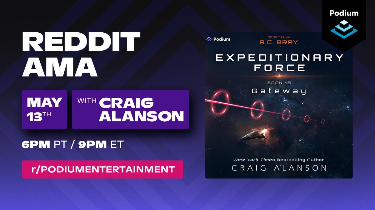 Podium Entertainment (@podium_ent) on Twitter photo CALLING ALL EXPEDITIONARY FORCE FANS!
Join us on May 13th for a live AMA with author <a href="/CraigAlanson/">Craig Alanson</a> on r/podiumentertainment. Ask your questions about Expeditionary Force 18, the series, and more!
JOIN HERE: reddit.com/r/podiumentert… CALLING ALL EXPEDITIONARY FORCE FANS!
Join us on May 13th for a live AMA with author <a href="/CraigAlanson/">Craig Alanson</a> on r/podiumentertainment. Ask your questions about Expeditionary Force 18, the series, and more!
JOIN HERE: reddit.com/r/podiumentert…