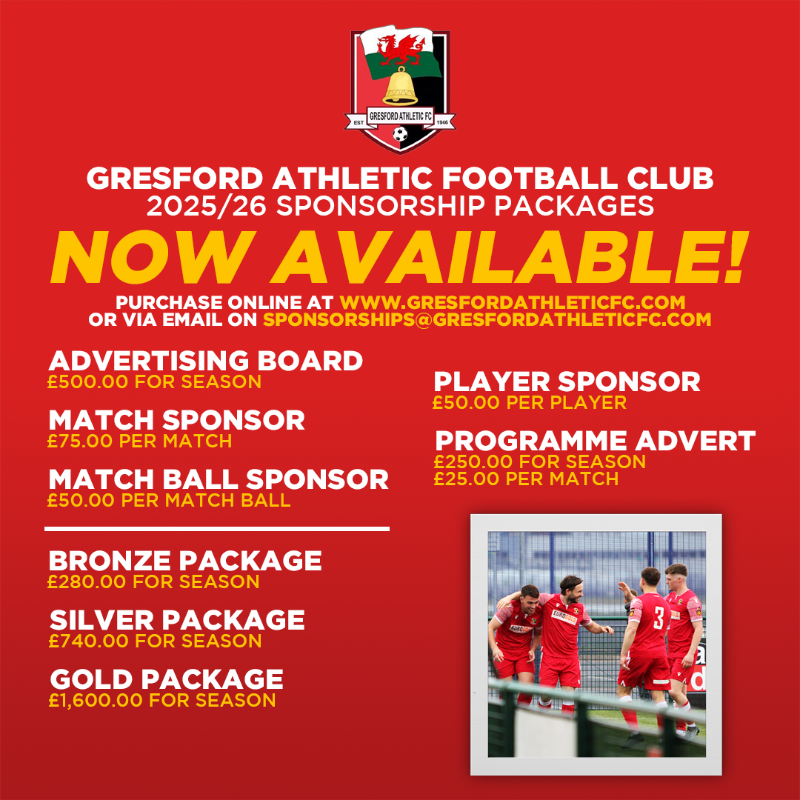 GresfordFC's tweet photo. The Gresford Athletic 2025/26 Sponsorship Packages are 𝗡𝗢𝗪 𝗔𝗩𝗔𝗜𝗟𝗔𝗕𝗟𝗘! 🔴

🏟️ Advertising Board
🎟️ Match Sponsor
⚽️ Match Ball Sponsor
👤 Player Sponsor
📖 Match Programme Advertisement
➕ Bronze, Silver &amp; Gold Packages

More information and ways to purchase below! ⤵️