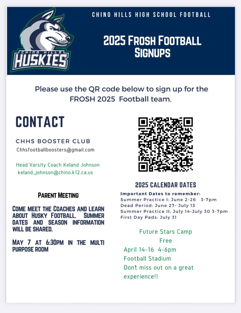 Frosh Parent Meeting May 7 at 6:30pm.  Come join Husky Football.  Our frosh football team has won the Baseline league the past two years and Battle of the Bone vs Ayala.